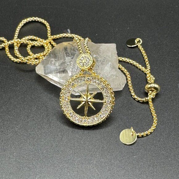 Gold Tone Compass Necklace with Rhinestones #1459 - Picture 4 of 16